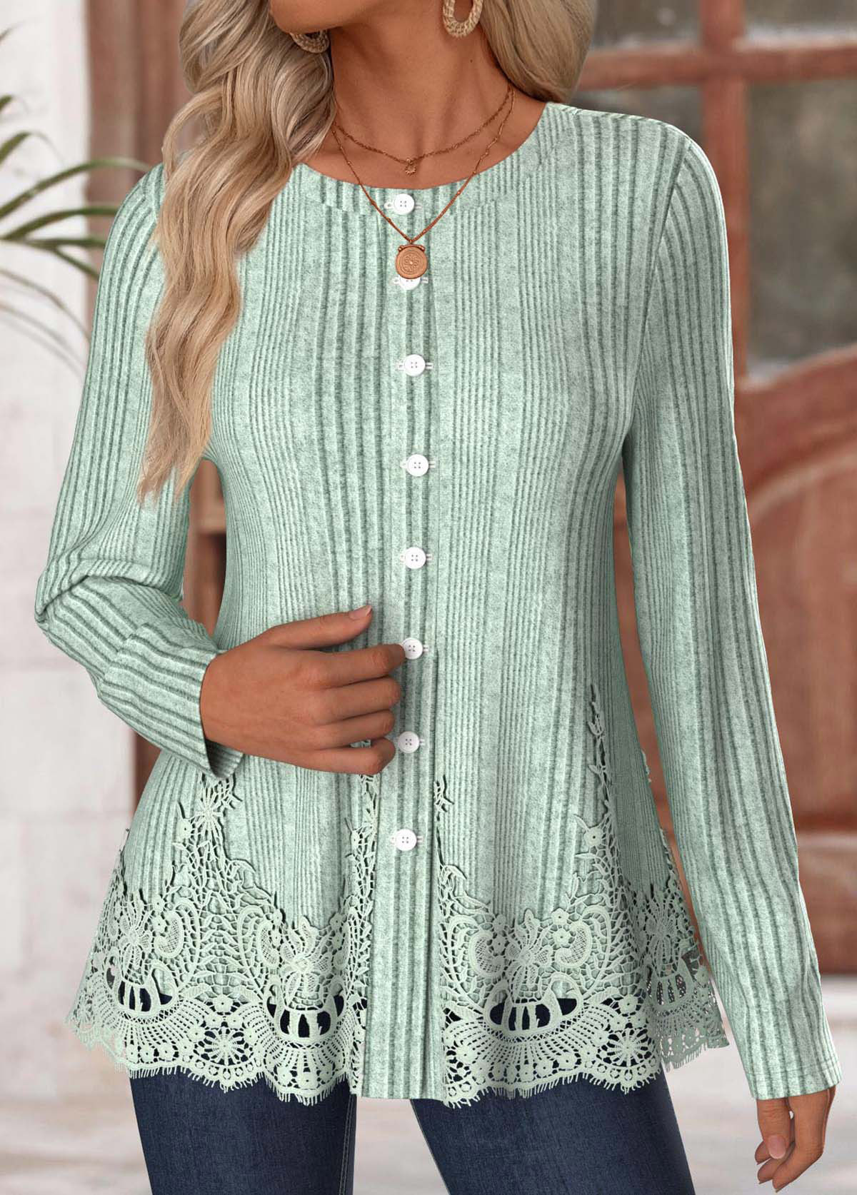 Sage Green Long Sleeve Round Neck T Shirt | picture 