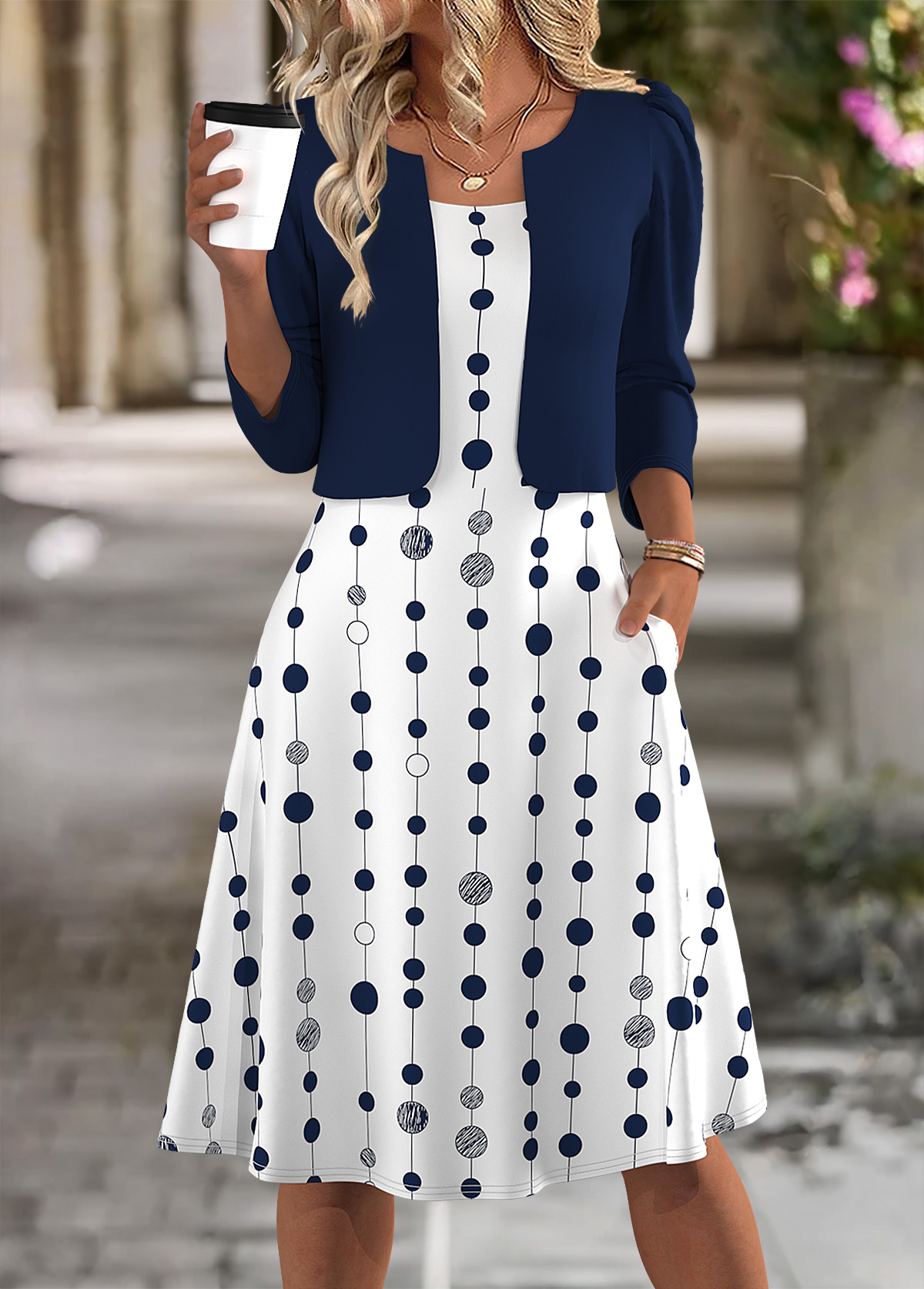 Navy Polka Dot Long Sleeve Dress and Cardigan | picture 
