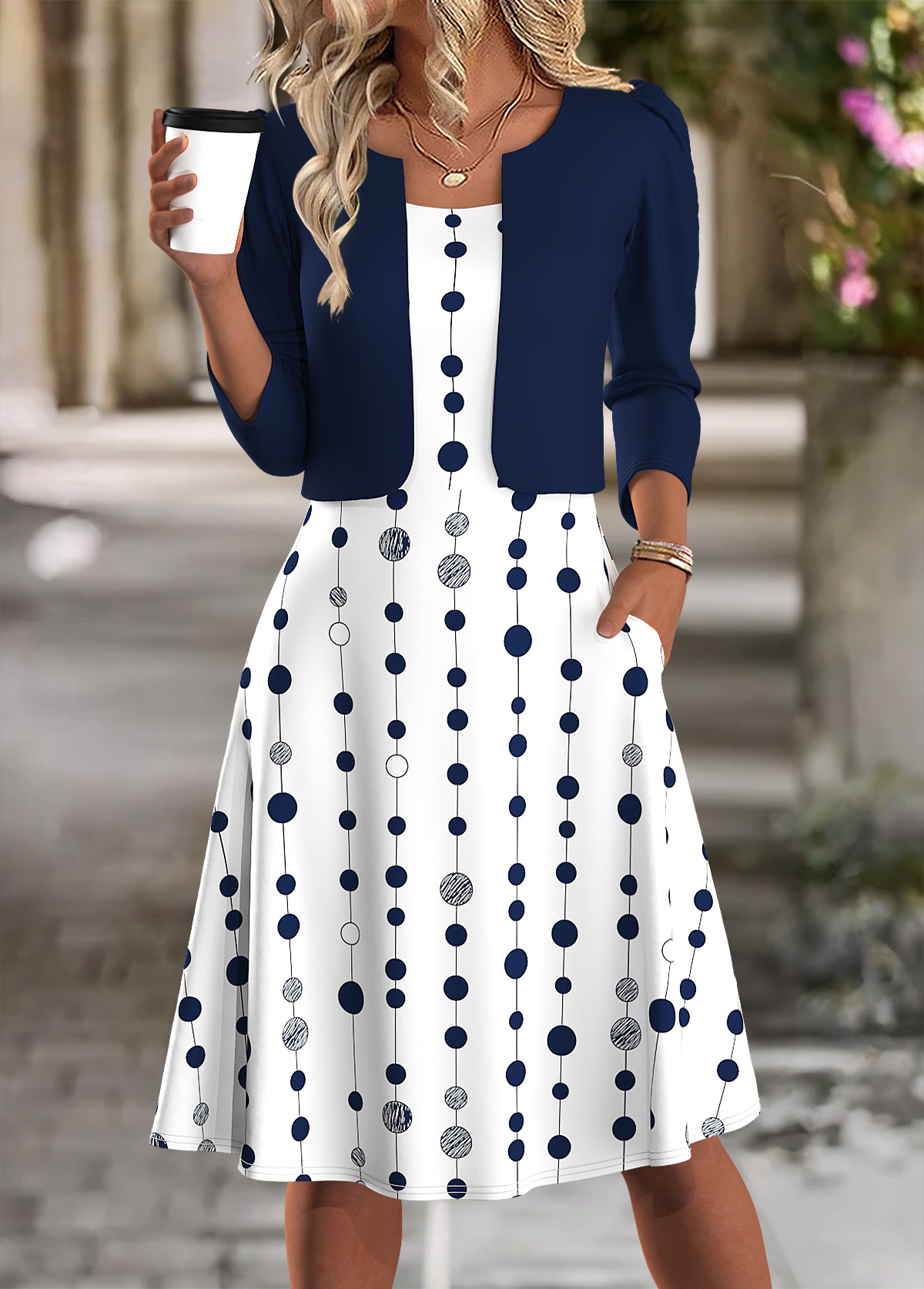 Navy Polka Dot Long Sleeve Dress and Cardigan | picture 