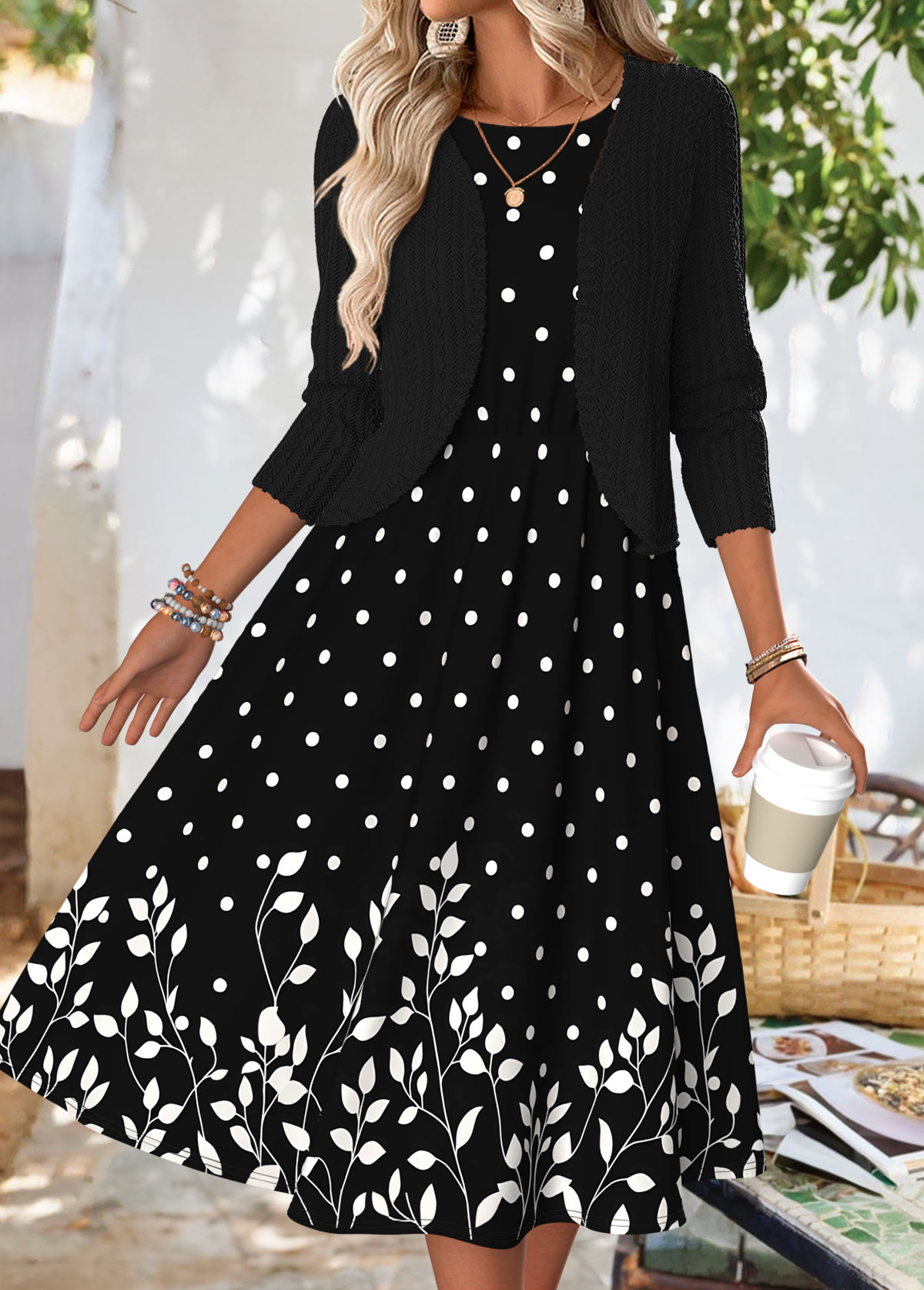 Black Tummy Coverage Floral Print Dress and Cardigan | picture 