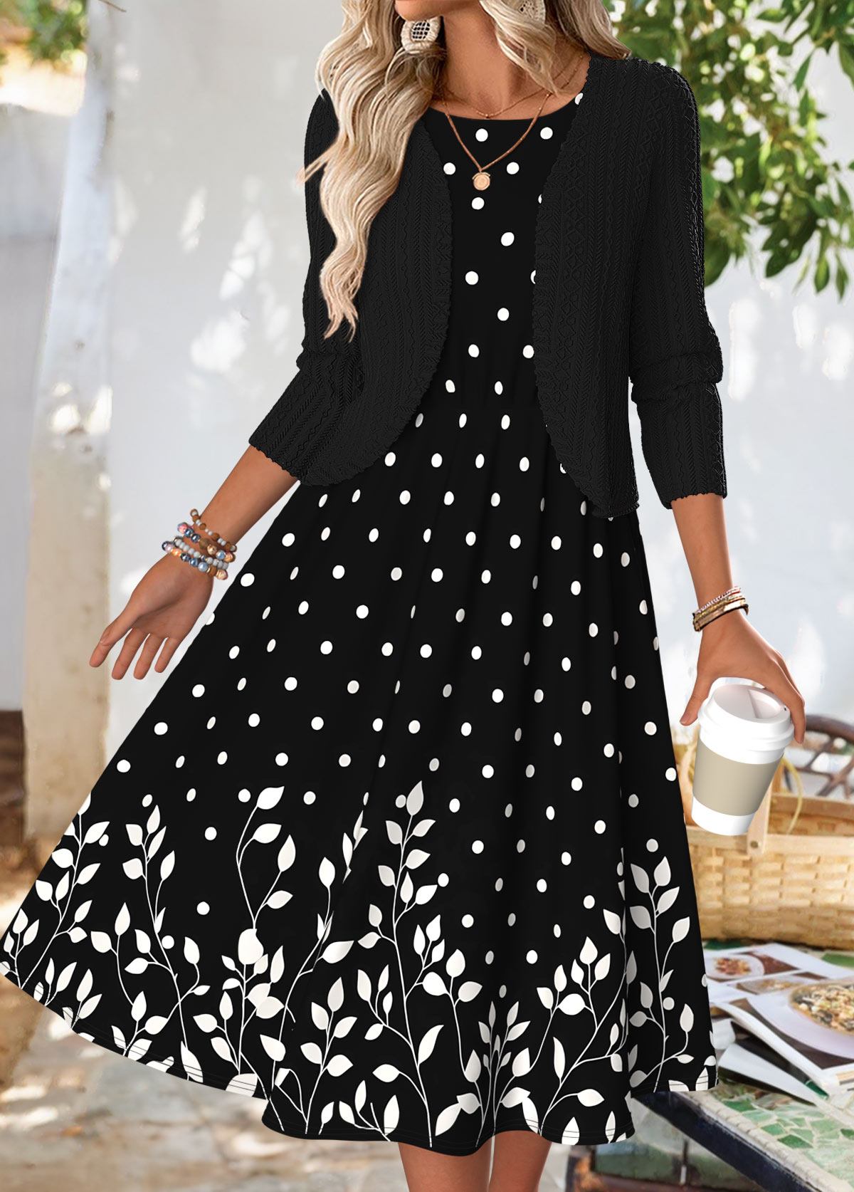 Black Tummy Coverage Floral Print Dress and Cardigan | picture 