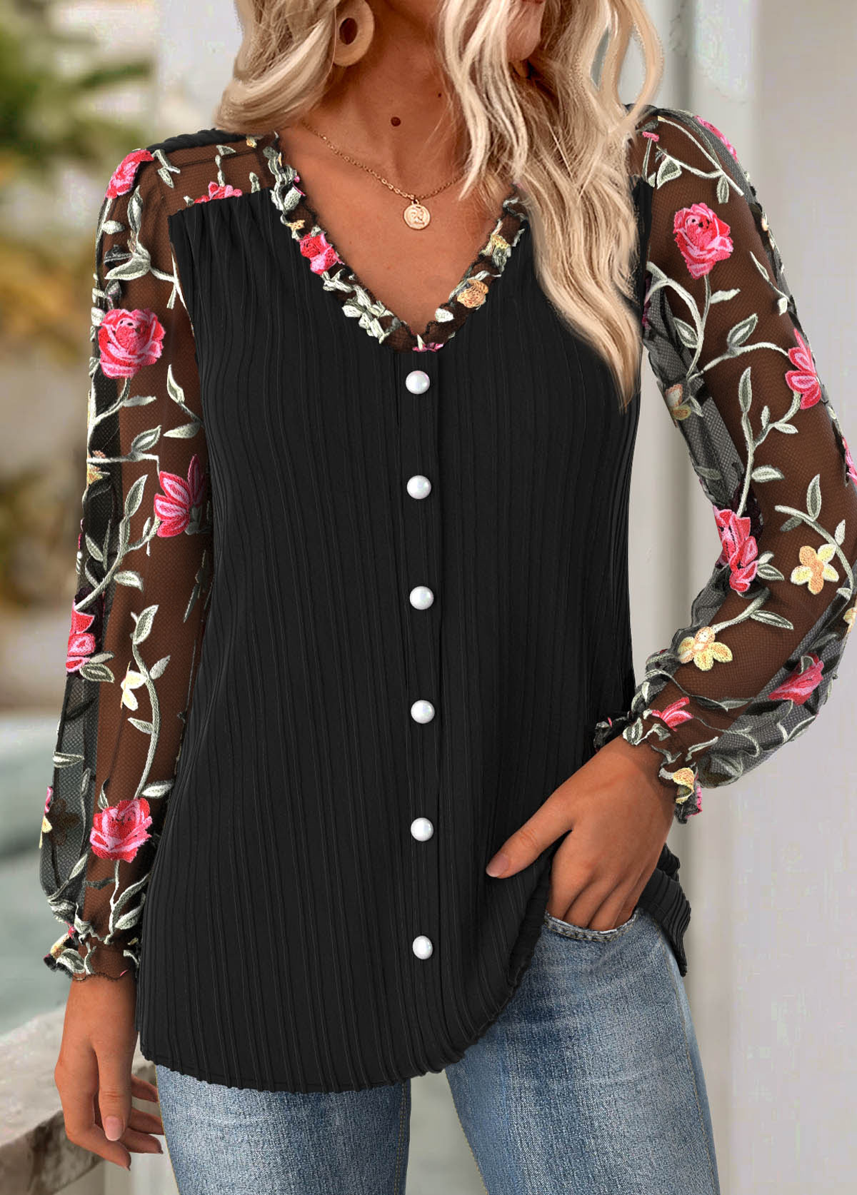 Black Frill Floral Print Long Sleeve V Neck Blouse | picture 