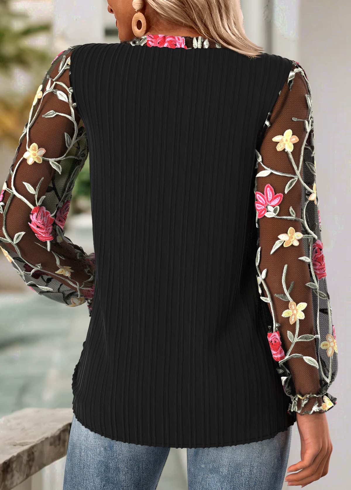 Black Frill Floral Print Long Sleeve V Neck Blouse | picture 