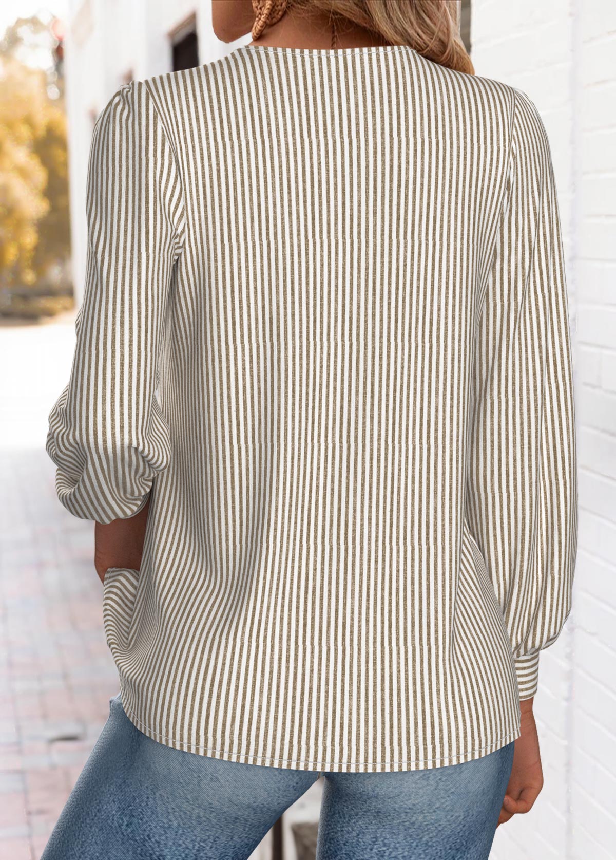 Light Coffee Striped Long Sleeve Round Neck T Shirt | picture 