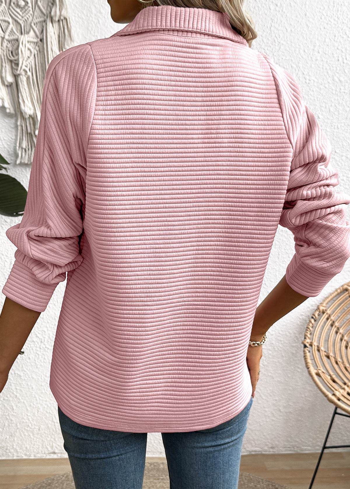 Pink Zipper Long Sleeve Turn Down Collar Sweatshirt | picture 