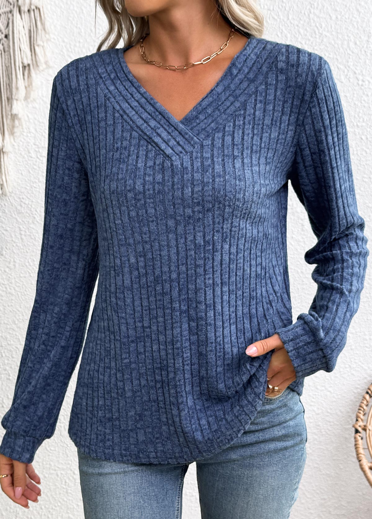 Blue Long Sleeve V Neck Sweatshirt | picture 
