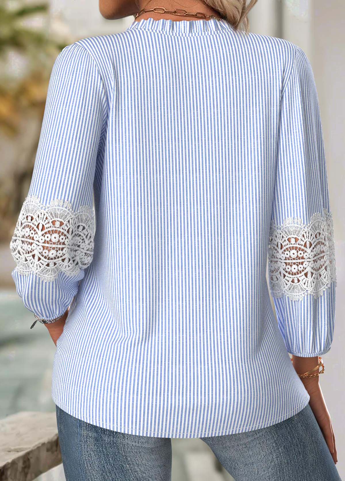 Blue Curved Hem Striped Long Sleeve Split Neck Blouse | picture 