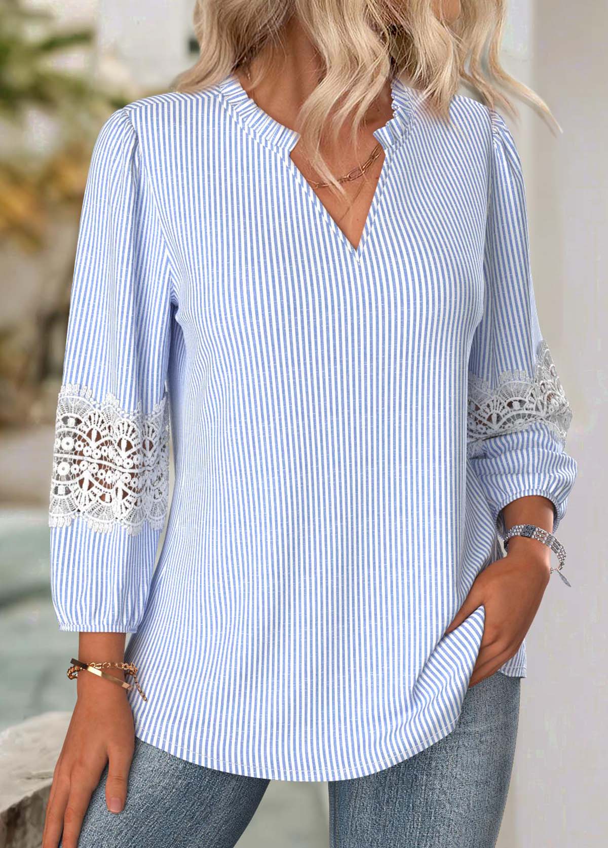Blue Curved Hem Striped Long Sleeve Split Neck Blouse | picture 