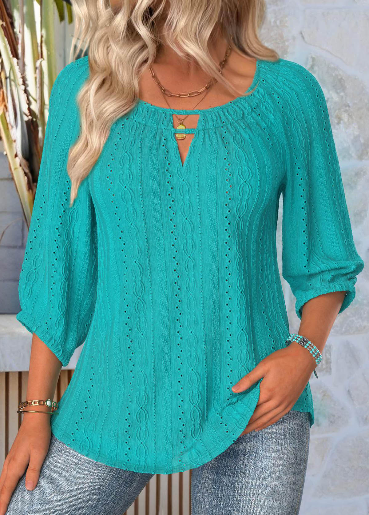 Turquoise Tummy Coverage 3/4 Sleeve Scoop Neck Blouse | picture 