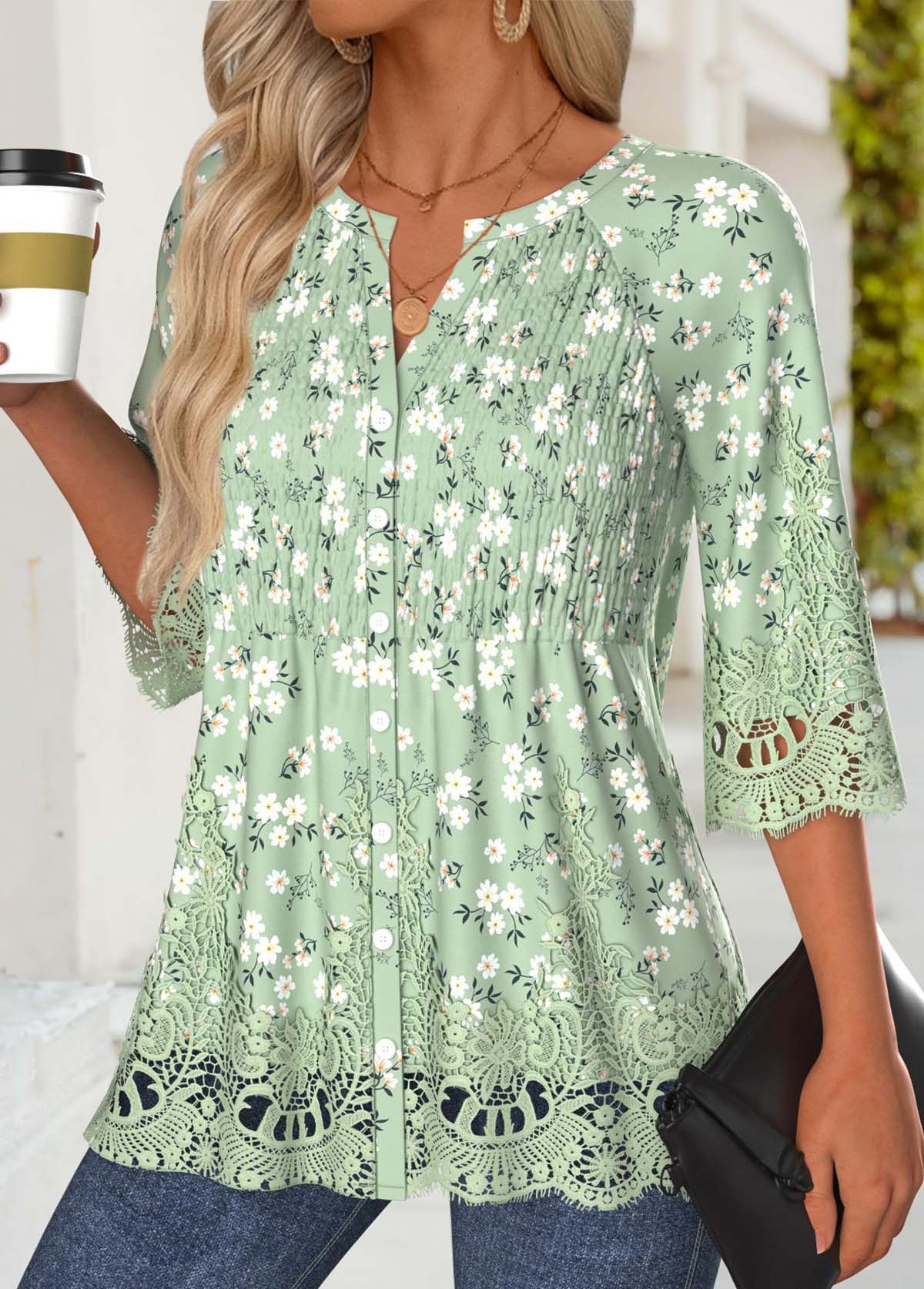 Light Green Floral Print 3/4 Sleeve Split Neck Blouse | picture 