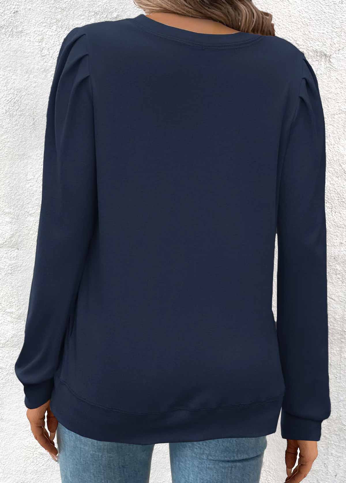 Navy Double Side Pockets Long Sleeve Round Neck Sweatshirt | picture 