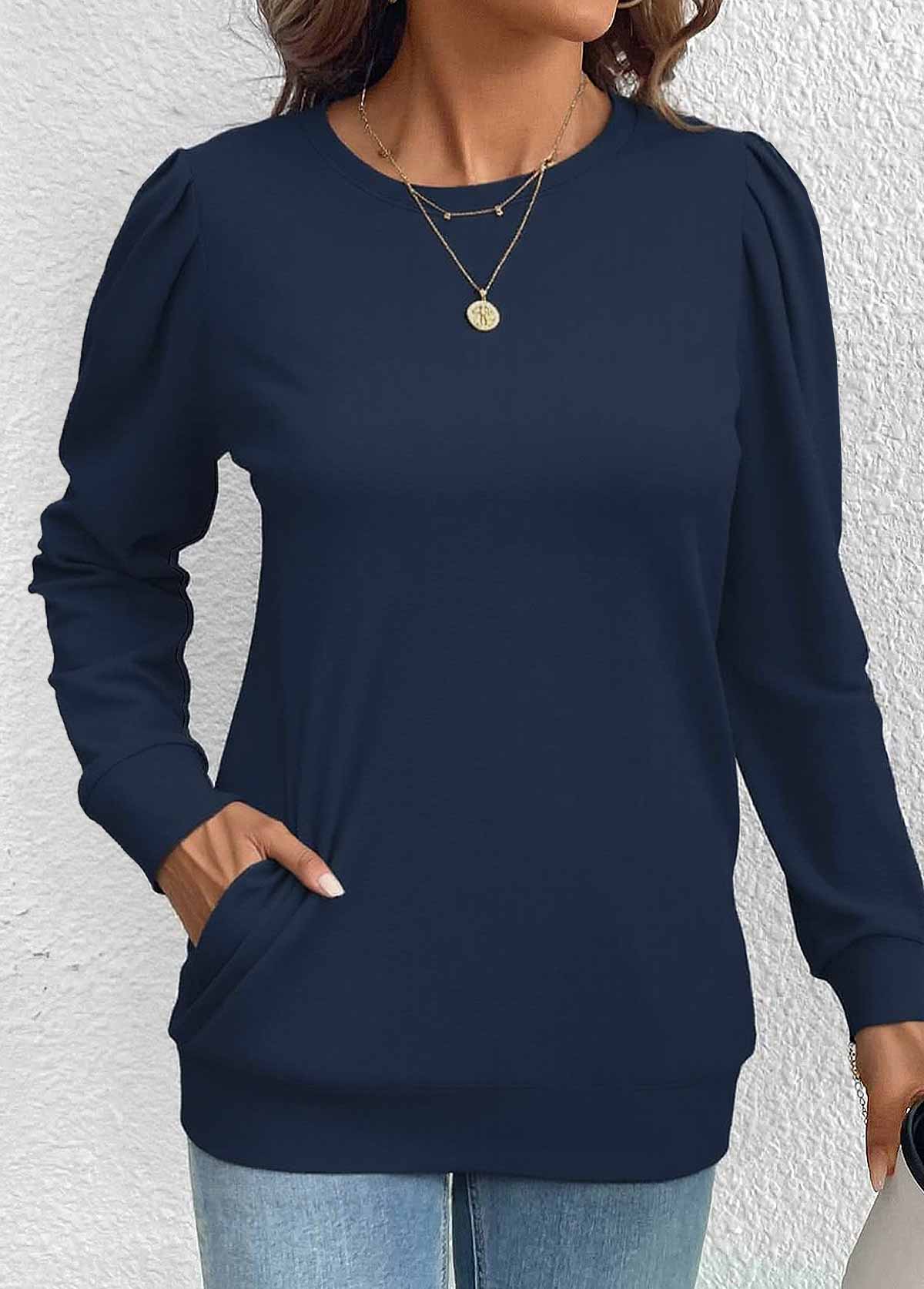 Navy Double Side Pockets Long Sleeve Round Neck Sweatshirt | picture 