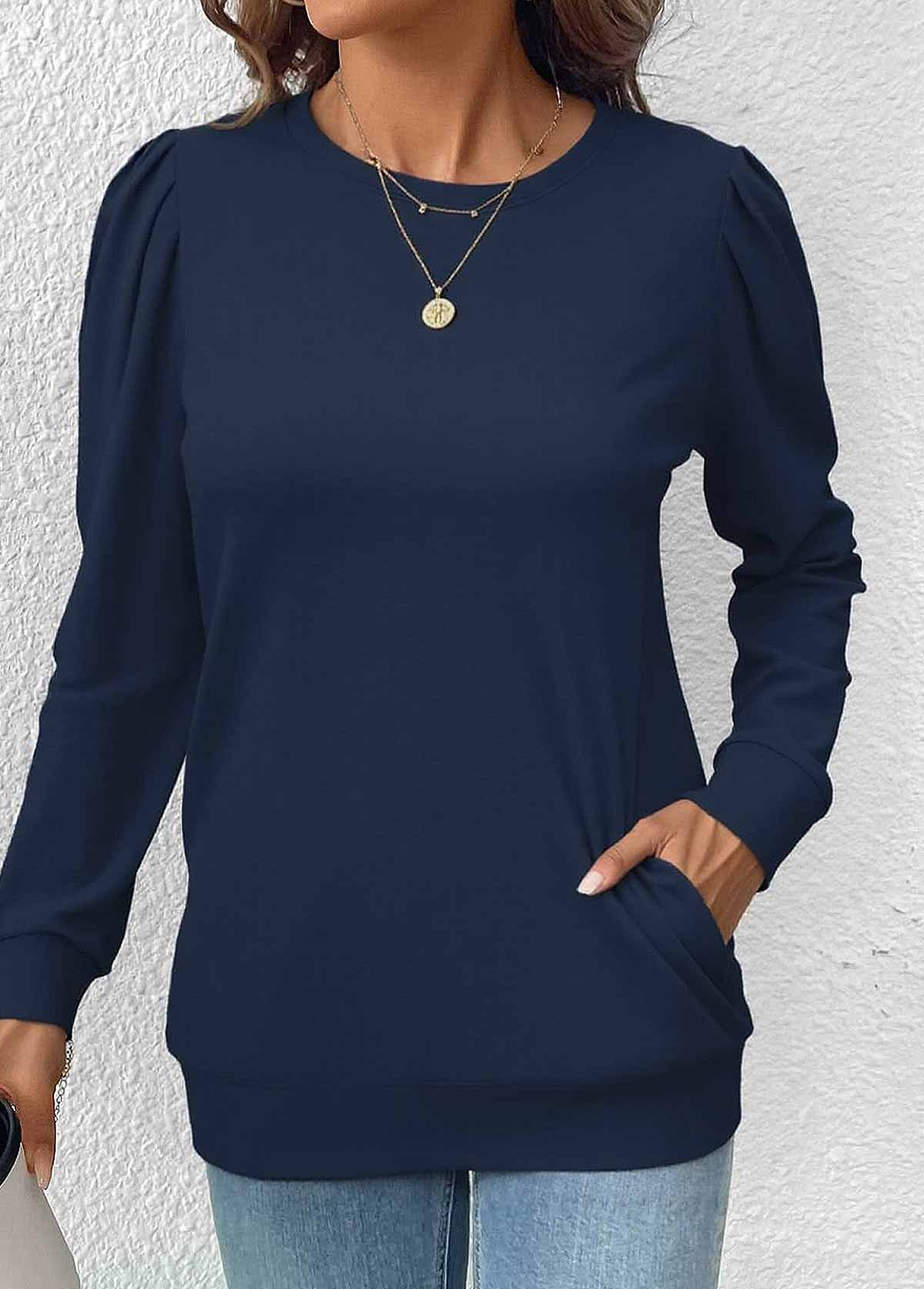 Navy Double Side Pockets Long Sleeve Round Neck Sweatshirt | picture 
