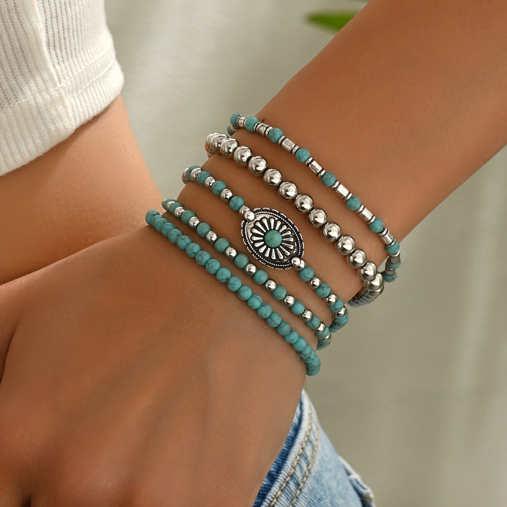 Turquoise Color Alloy Detail Elastic Bracelets | picture 