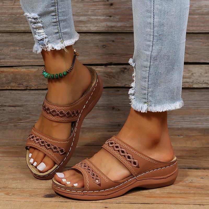 Modlily Flip Flops Dark Coffee Peep Toe Low Heel Sliders Slippers - 36