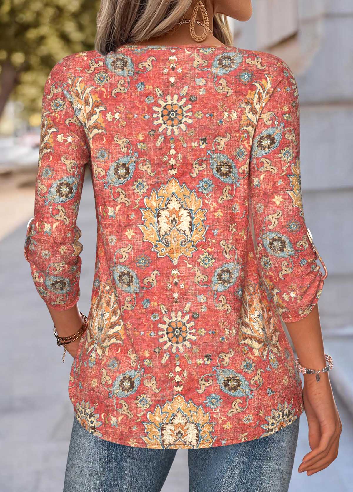 Coral Tummy Coverage Tribal Print Long Sleeve Blouse | picture 