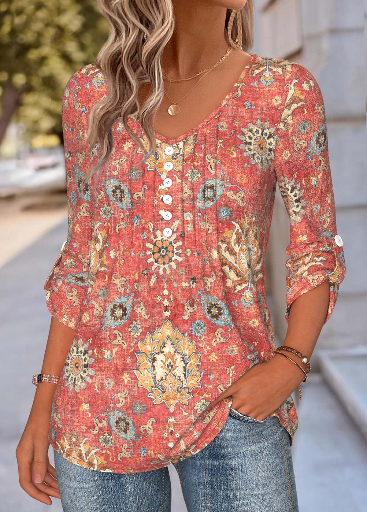 Coral Tummy Coverage Tribal Print Long Sleeve Blouse | picture 