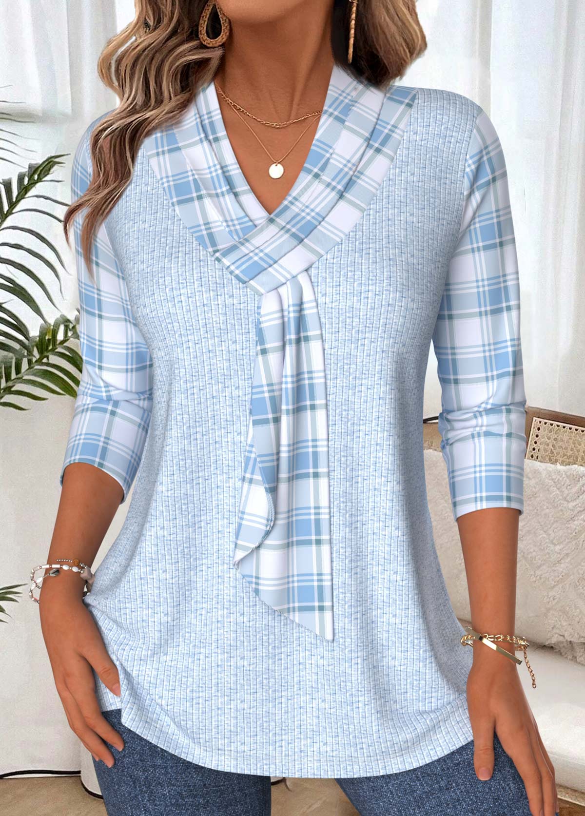 Light Blue Plaid 3/4 Sleeve V Neck T Shirt | picture 