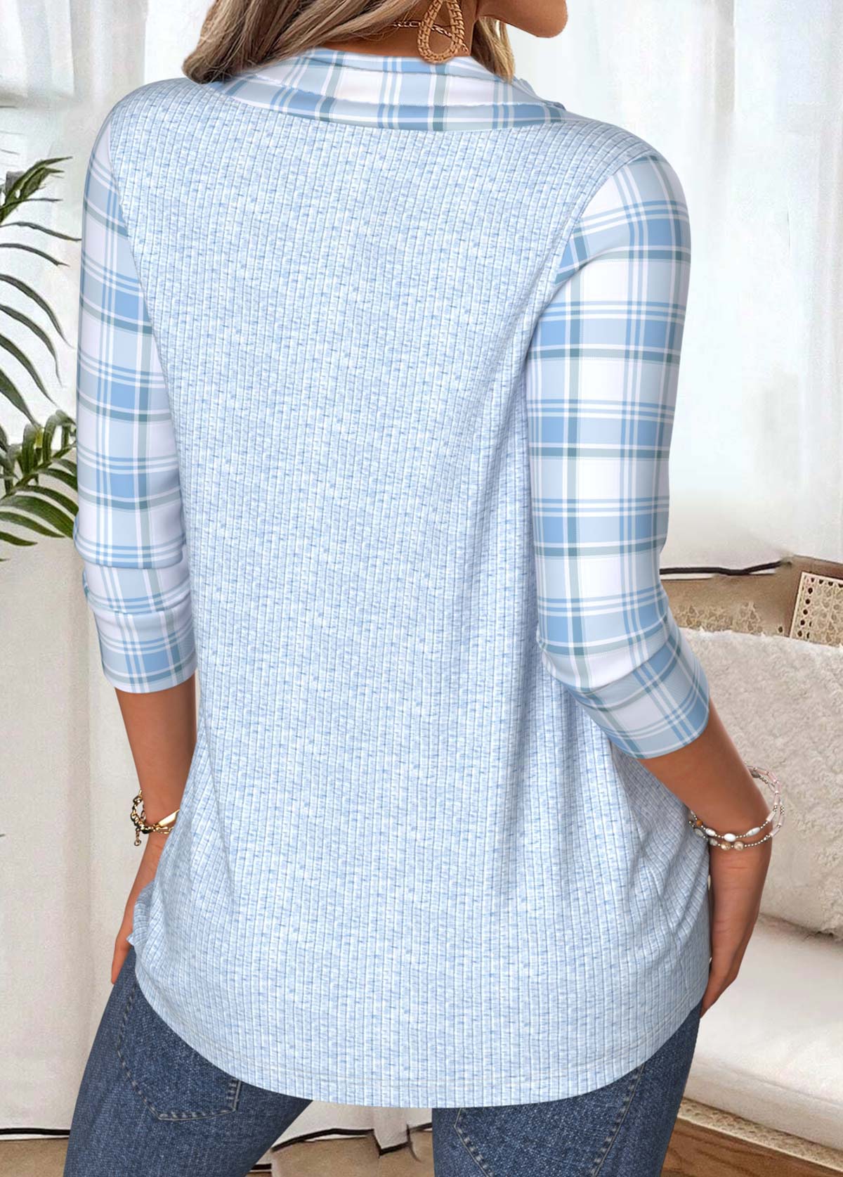 Light Blue Plaid 3/4 Sleeve V Neck T Shirt | picture 