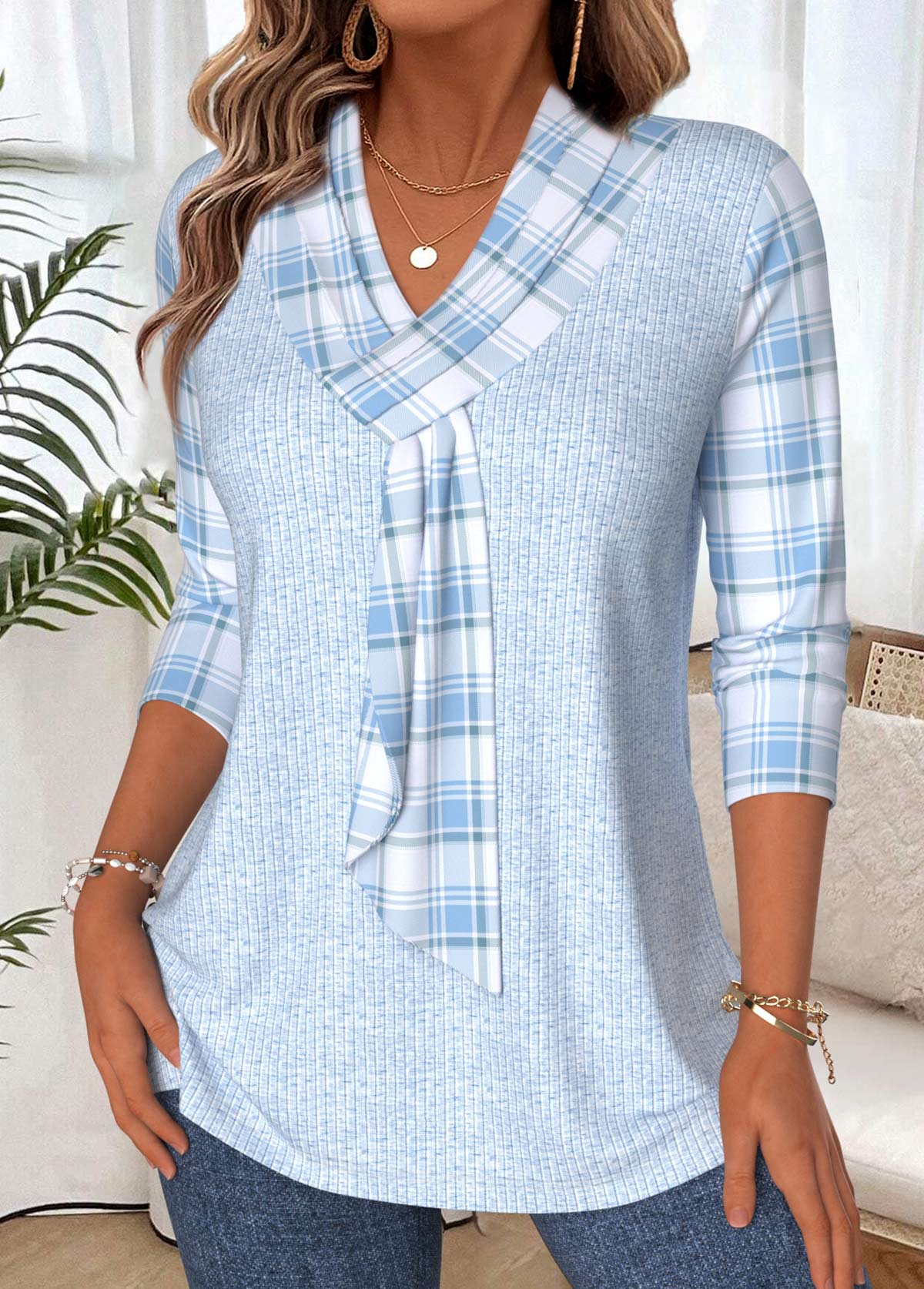 Light Blue Plaid 3/4 Sleeve V Neck T Shirt | picture 