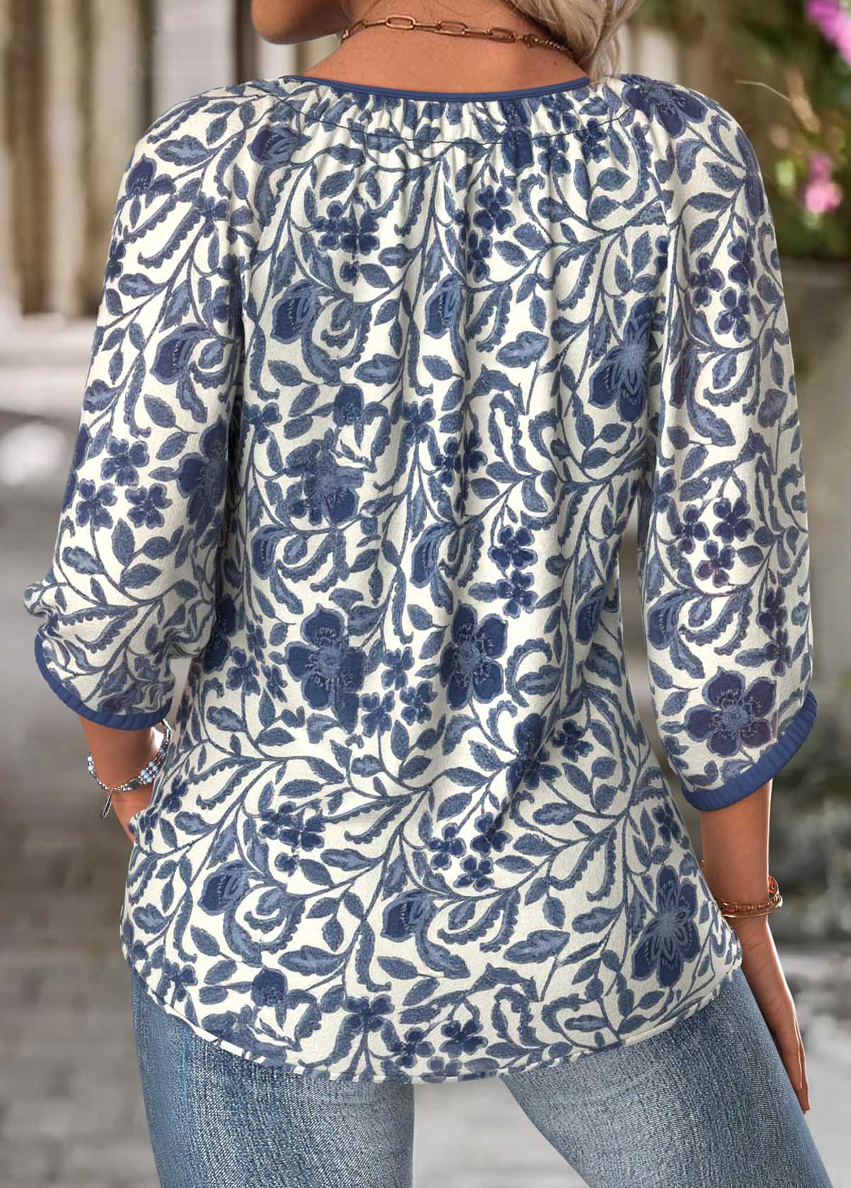 Navy Tummy Coverage Tribal Print 3/4 Sleeve Blouse | picture 