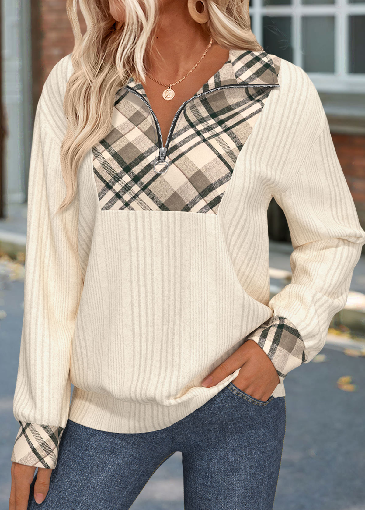 Beige Zipper Plaid Long Sleeve Sweatshirt | picture 