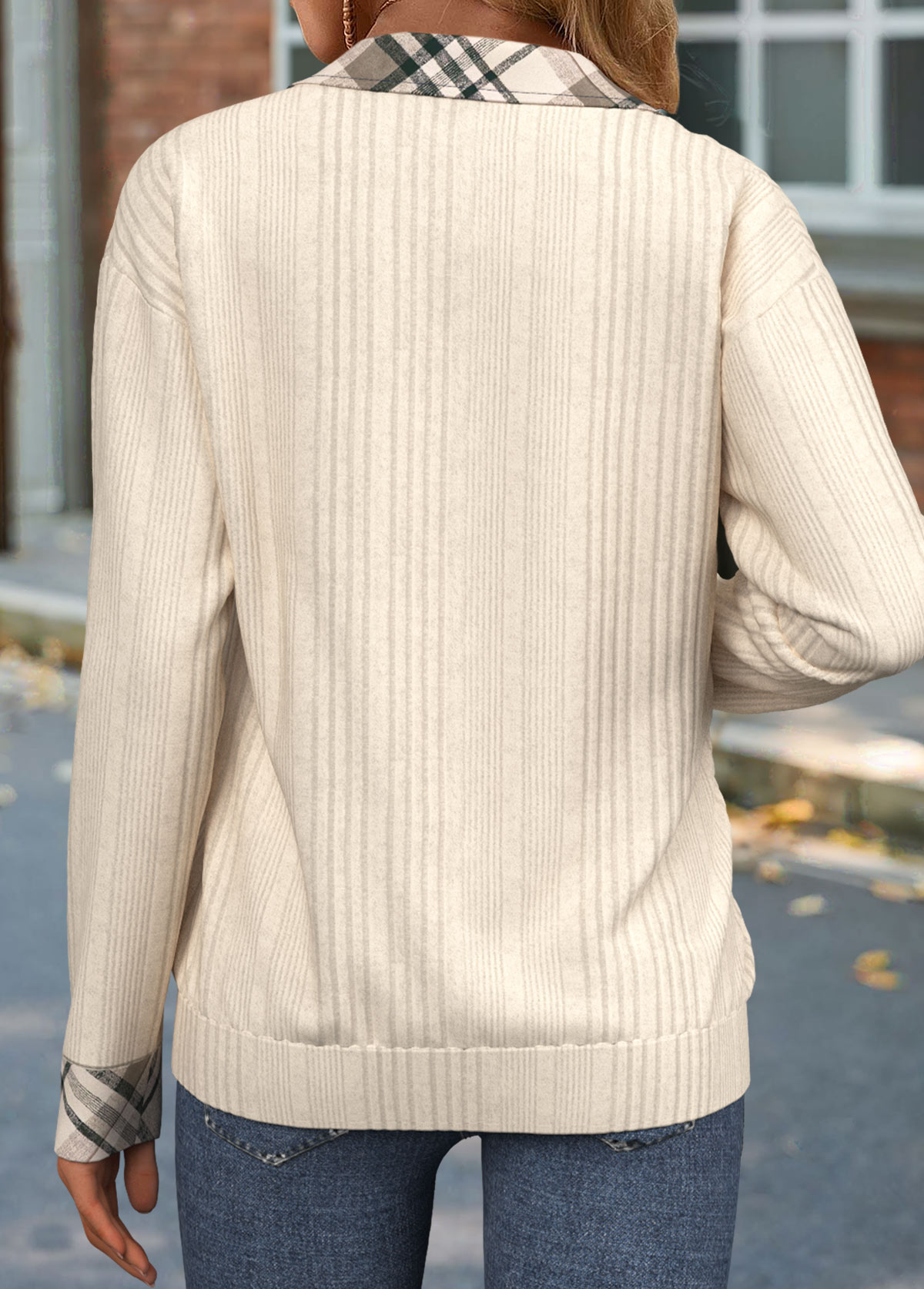 Beige Zipper Plaid Long Sleeve Sweatshirt | picture 