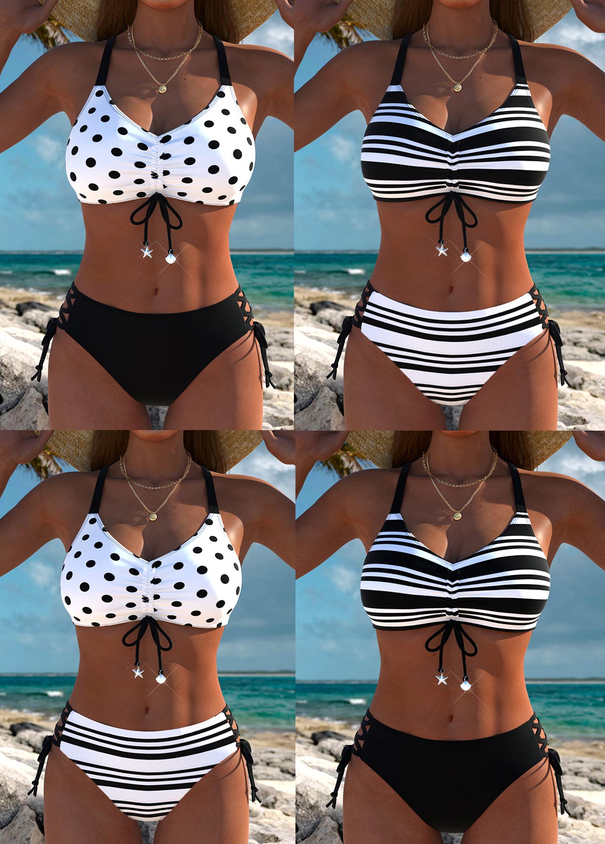 Mid Waisted Reversible Striped Black Bikini Set | picture 