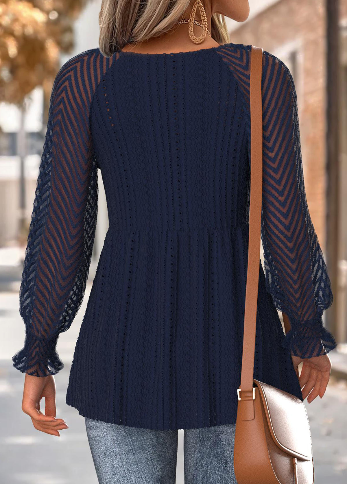 Navy Peplum Long Sleeve V Neck T Shirt | picture 