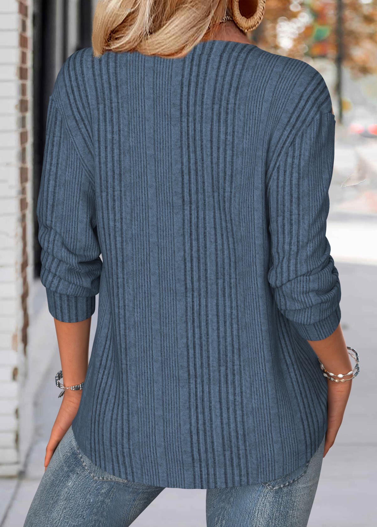 Peacock Blue Floral Print Long Sleeve Split Neck Sweatshirt | picture 