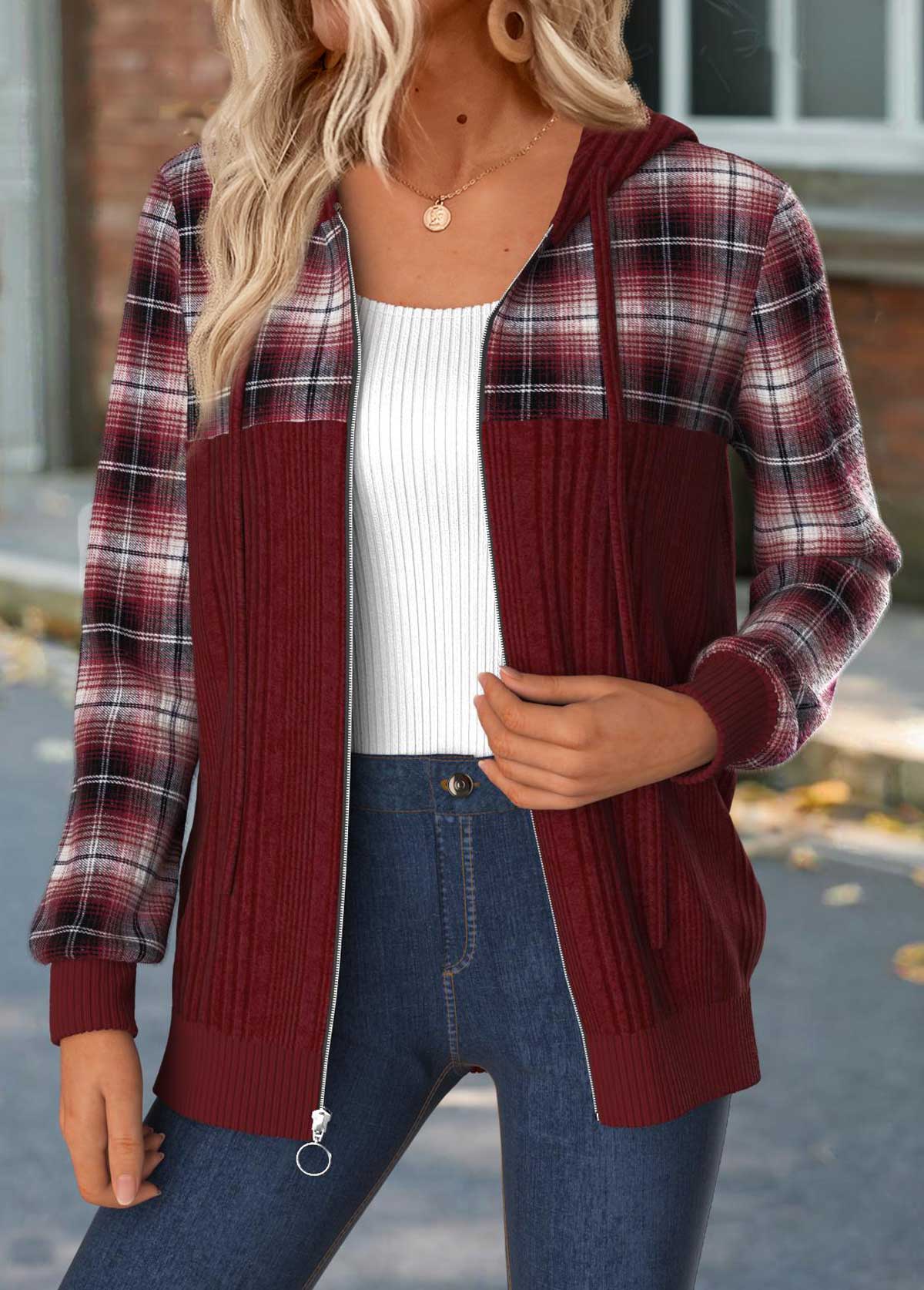 Modlily Wine Red Tummy Coverage Plaid Hoodie and Coat - XXL