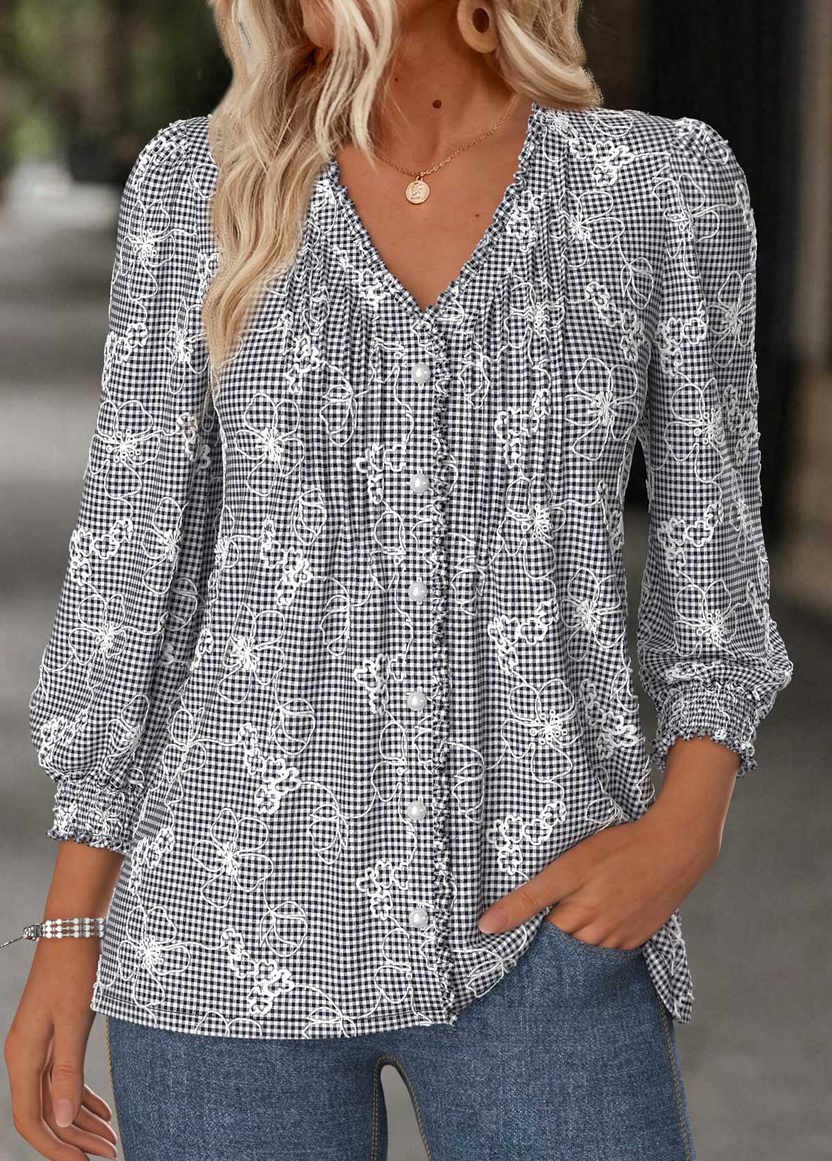 Black Tummy Coverage Plaid Long Sleeve V Neck Blouse | picture 