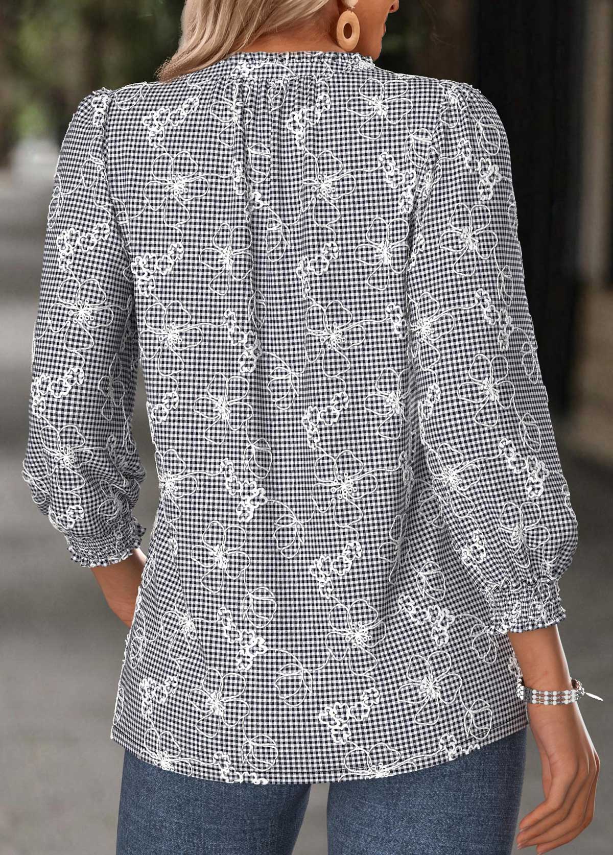 Black Tummy Coverage Plaid Long Sleeve V Neck Blouse | picture 