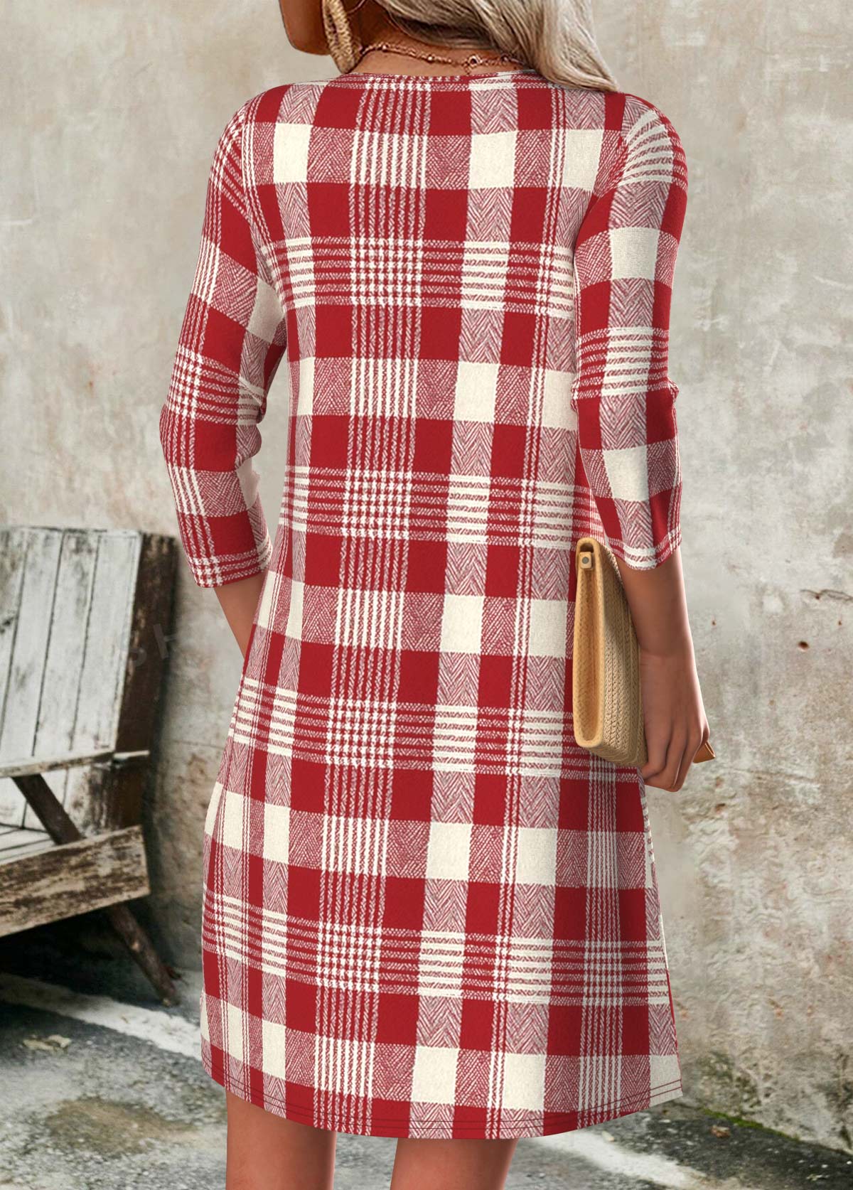 Red Tummy Coverage Plaid Short Long Sleeve Dress | picture 