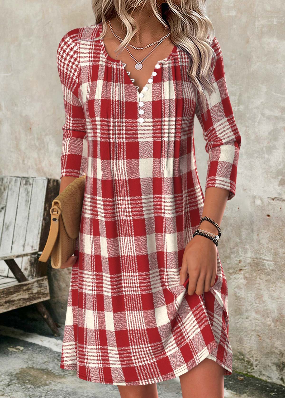 Red Tummy Coverage Plaid Short Long Sleeve Dress | picture 