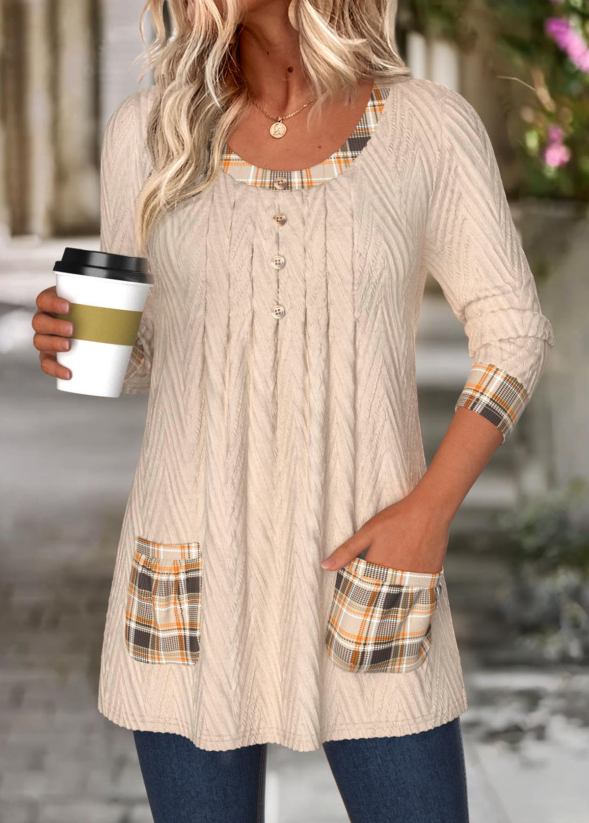 Light Camel Tummy Coverage Plaid Long Sleeve T Shirt | picture 