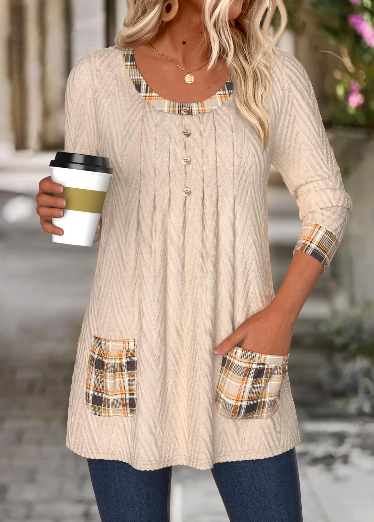 Light Camel Tummy Coverage Plaid Long Sleeve T Shirt | picture 