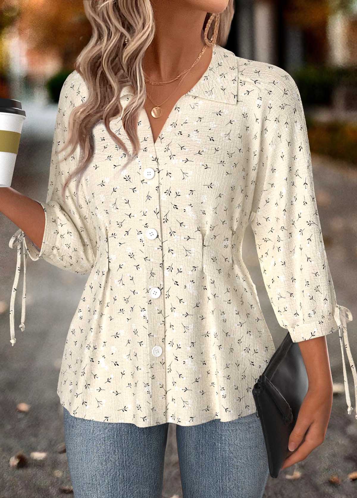 Beige Bowknot Ditsy Floral Print 3/4 Sleeve Blouse | picture 