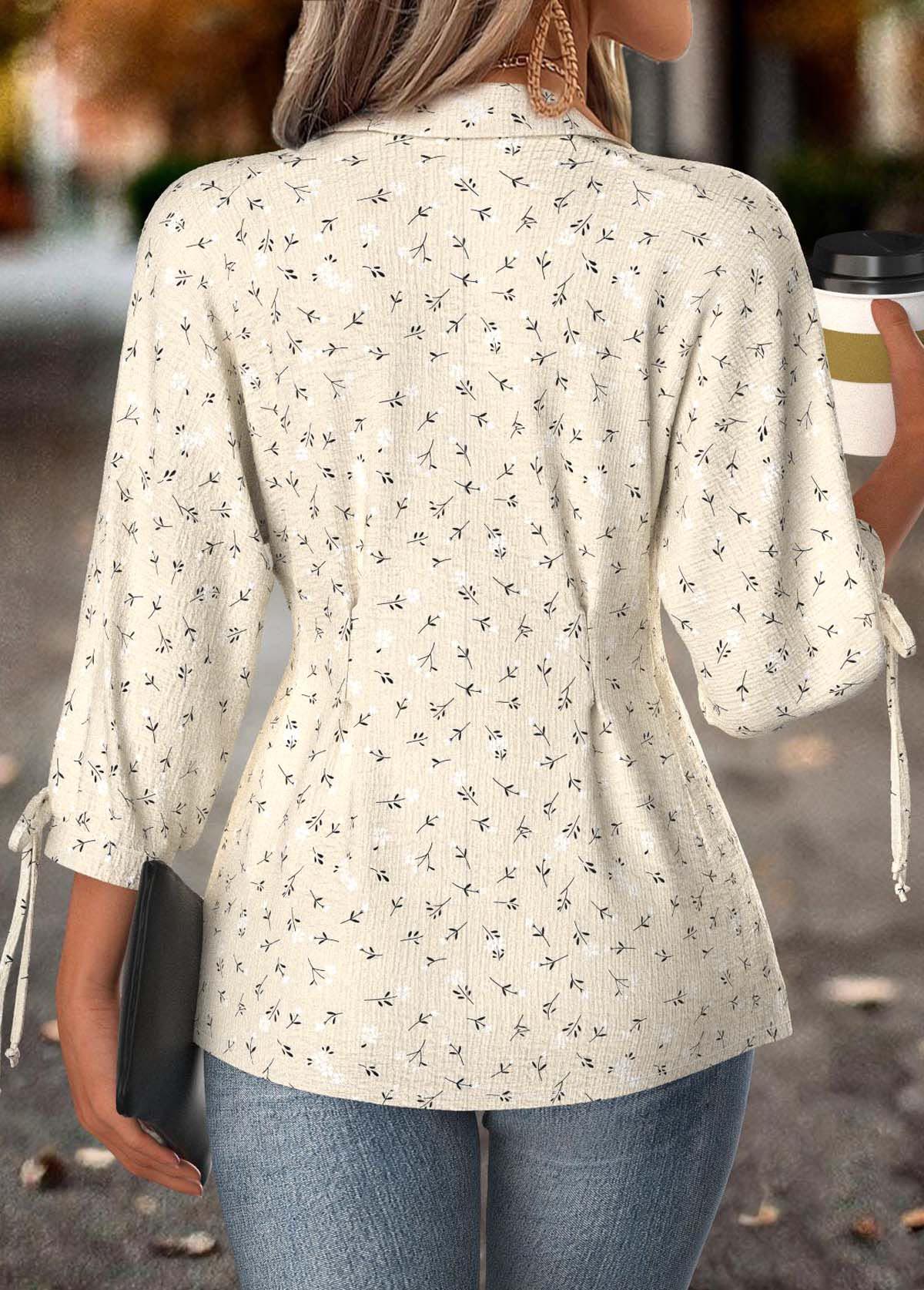 Beige Bowknot Ditsy Floral Print 3/4 Sleeve Blouse | picture 