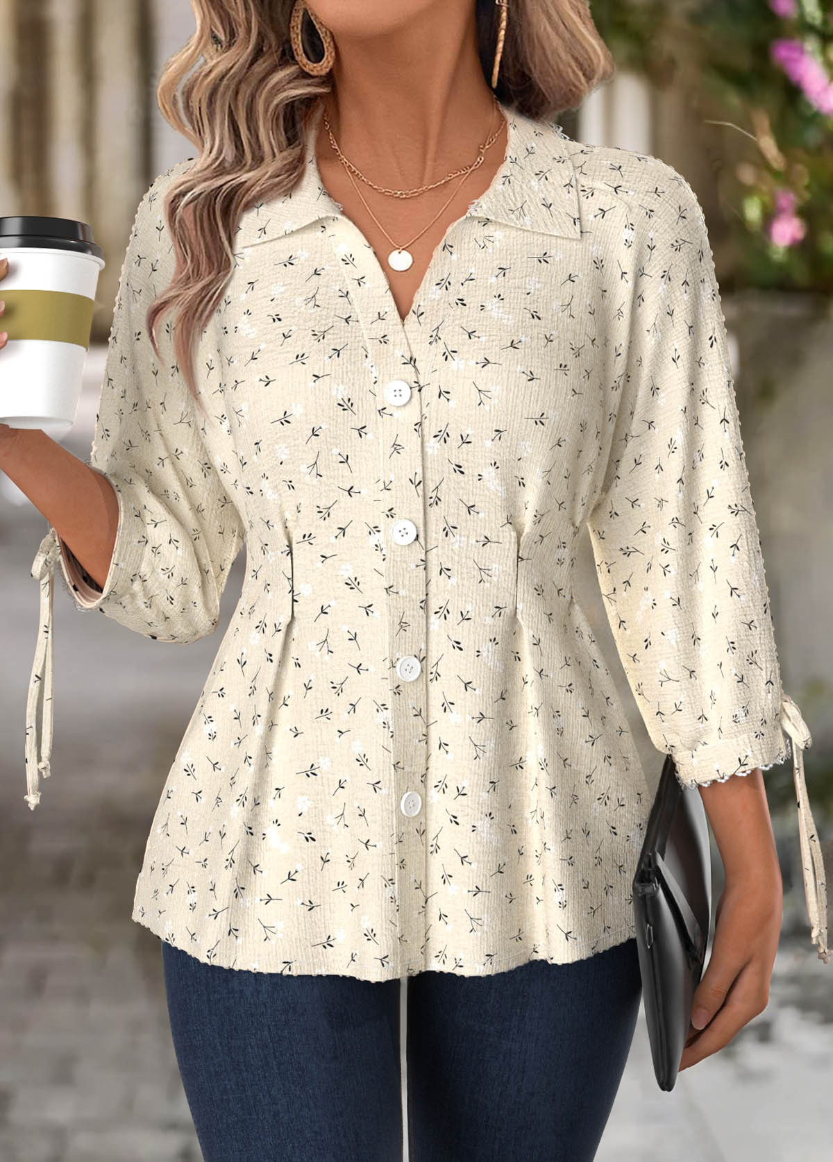 Beige Bowknot Ditsy Floral Print 3/4 Sleeve Blouse | picture 