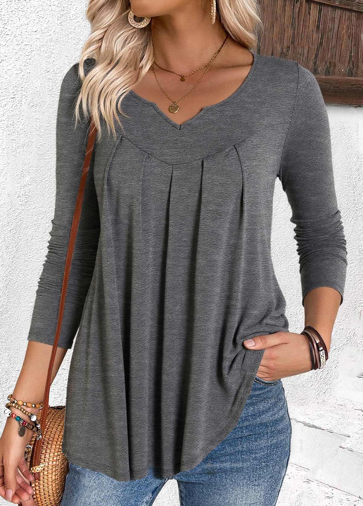 Grey Pleated Long Sleeve Split Neck T Shirt | picture 