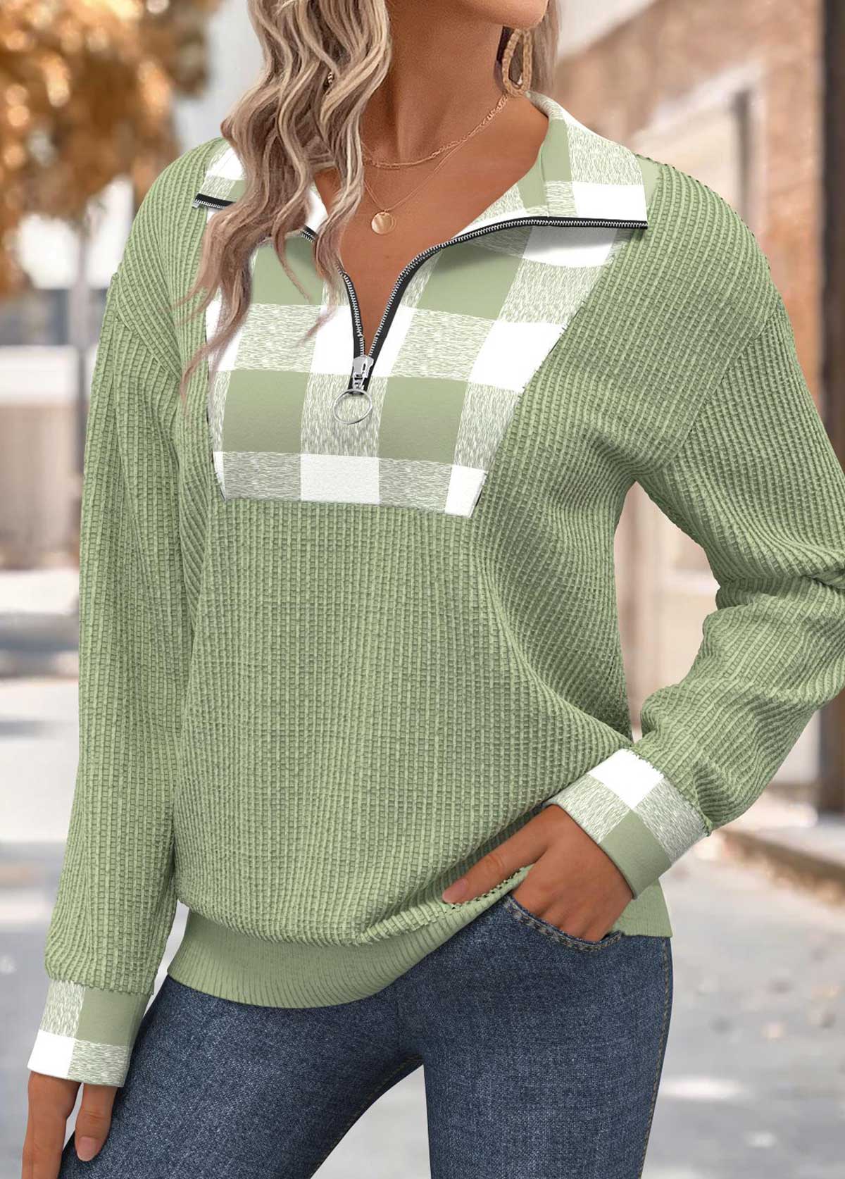 Sage Green Tummy Coverage Plaid Long Sleeve Sweatshirt | picture 