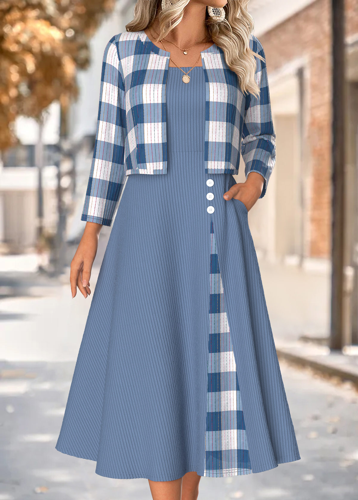 Dusty Blue Tummy Coverage Plaid Dress and Cardigan | picture 