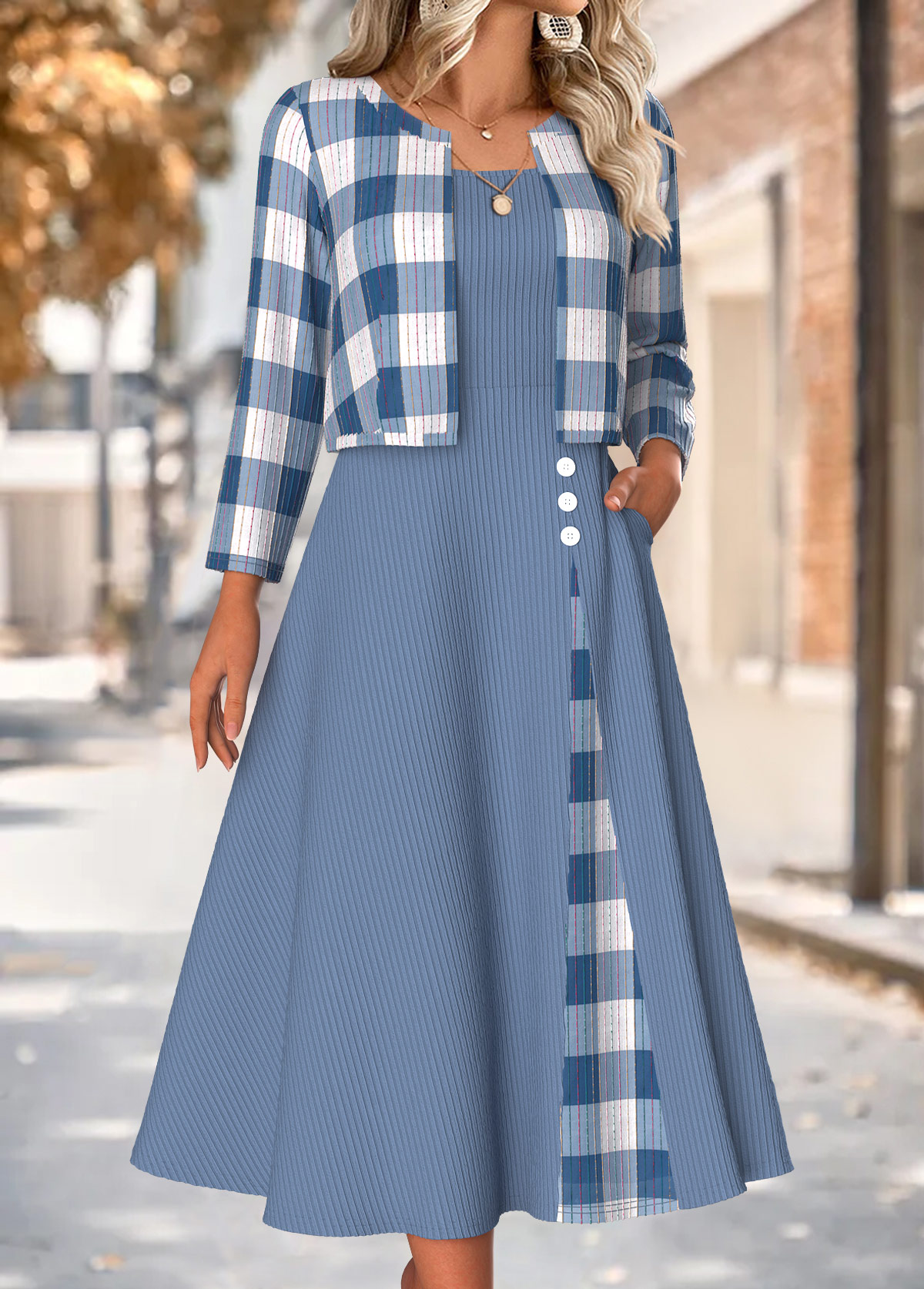 Dusty Blue Tummy Coverage Plaid Dress and Cardigan | picture 