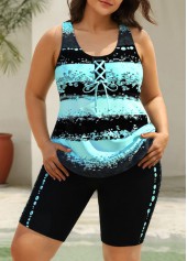 Plus Size Lace Up Mint Green Striped Tankini Set | thumb picture 