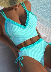 Frill Mid Waisted Striped Cyan Bikini Set