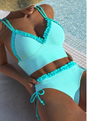 Frill Mid Waisted Striped Cyan Bikini Set | thumb picture 
