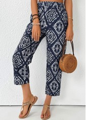 Navy Tribal Print Straight Leg Elastic Waist Pants | thumb picture 