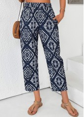 Navy Tribal Print Straight Leg Elastic Waist Pants | thumb picture 