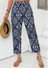 Navy Tribal Print Straight Leg Elastic Waist Pants